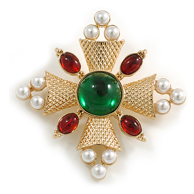 Vintage Inspired Red/ Green Glass Stone White Faux Pearl Cross Brooch In Gold Tone - 45mm Across - main view