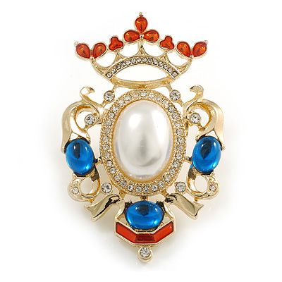 Vintage Inspired Blue Glass, Clear Crystal, White Faux Pearl Royal Style Brooch/ Pendant in Gold Tone - 55mm Tall - main view