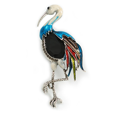 Oversized Multicoloured Enamel Crystal Heron Bird Brooch/ Pendant in Aged Silver Tone - 90mm Tall - main view