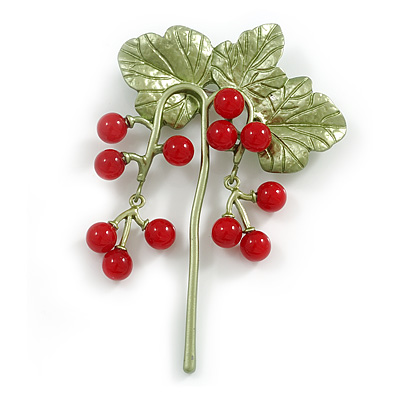 Red Currant Beaded Floral Brooch in Green Enamel - 70mm Tall - main view