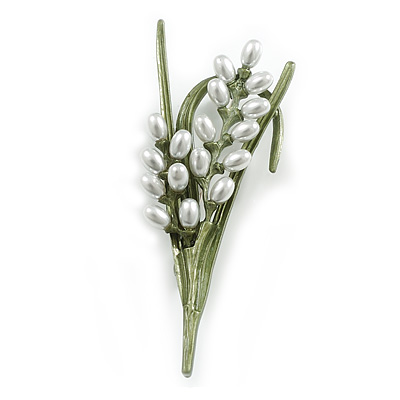 Stunning Lily-of-the-valley Enamel Floral Large Brooch in Silver Tone - 75mm Long - main view