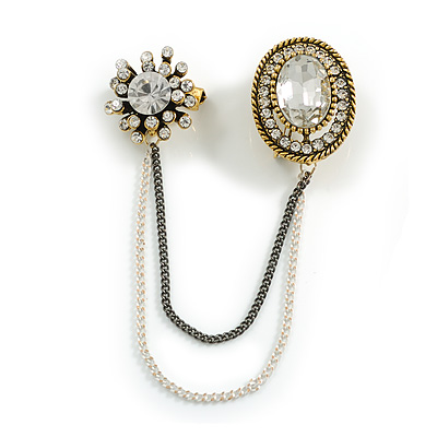 Vintage Inspired Geometric Clear Crystal Bead Chain Brooch In Aged Gold Tone Finish - main view