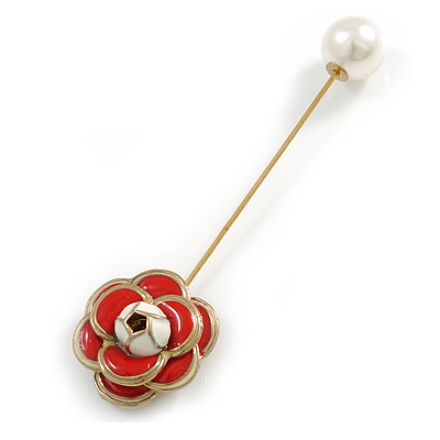 Vintage Inspired Red/White Enamel Rose Flower with Pearl Bead Lapel, Hat, Suit, Tuxedo, Collar, Scarf, Coat Stick Brooch Pin In Gold Tone Metal - 85mm - main view