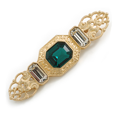 Vintage Inspired Green/ Clear Glass Stone Medal Style Brooch in Light Gold Tone - 65mm Across - main view