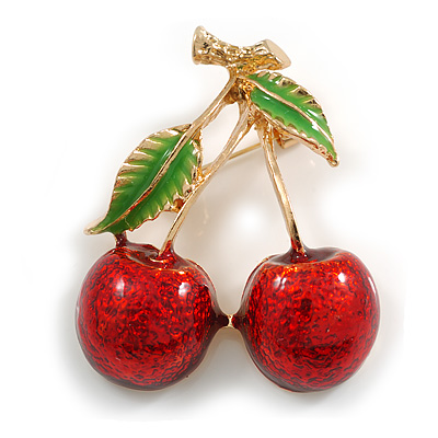 Red/ Green Enamel Double Cherry Brooch In Gold Tone - 45mm Tall - main view