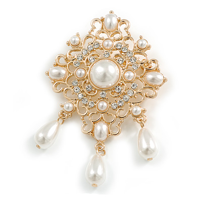 Vintage Inspired White Faux Pearl Clear Crystal Filigree Charm Brooch In Gold Tone - 70mm Drop - main view