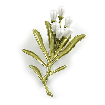 Charming Lily-of-the-valley Olive Green Enamel Floral Brooch - 65mm Long - main view