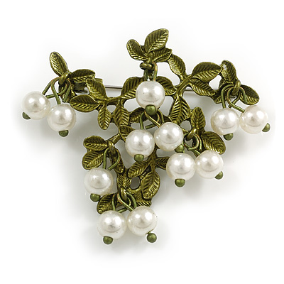Exquisite Pearl Bead Floral Brooch in Green/ White - 45mm Across