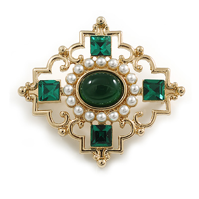 Vintage Inspired Green Crystal White Pearl Bead Oval Brooch In Gold Tone - 40mm Across - main view
