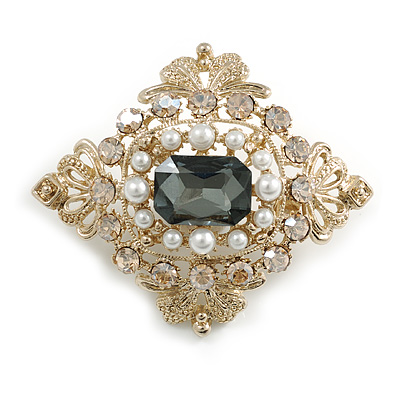 Vintage Inspired Crystal and Faux Pearl Bead Diamond Shape Brooch In Gold Tone - 50mm Across - main view