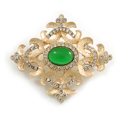 Vintage Inspired Clear Crystal and Green Glass Bead Diamond Shape Brooch In Gold Tone - 55mm Across - main view
