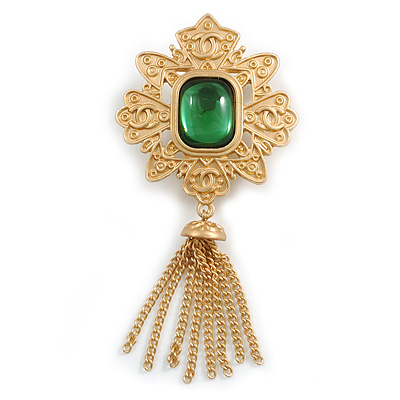 Vintage Inspired Green Glass Stone Tassel Square Royal Style Brooch in Matte Gold Tone - 70mm Drop - main view