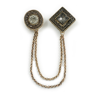 Vintage Inspired Geometric Grey Crystal Bead Chain Brooch In Aged Gold Tone Finish - main view