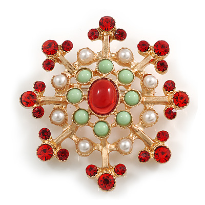 Vintage Inspired Red Crystal, White Faux Pearl, Light Green Acrylic Beads Snowflake Brooch in Gold Tone - 50mm Tall