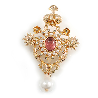 Statement Faux Pearl Beaded Royal Crown Brooch in Gold Tone Metal - 70mm Tall - main view