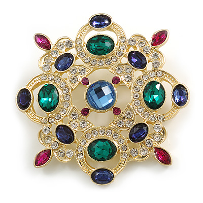 Vintage Inspired Multicoloured Crystal Square Brooch In Gold Tone - 55mm Across - main view