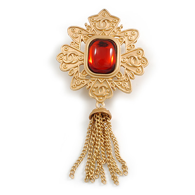 Vintage Inspired Red Glass Stone Tassel Square Royal Style Brooch in Matte Gold Tone - 70mm Drop - main view