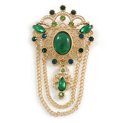 Vintage Inspired Green Glass, Crystal Bead Double Chain Charm Brooch In Gold Tone - 80mm Drop - main view