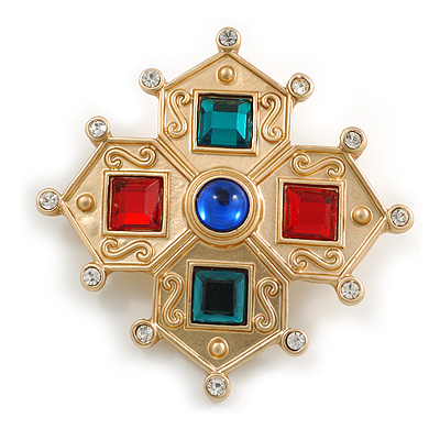 Vintage Inspired Multicoloured Glass Stones and Crystal Beads Cross Brooch in Gold Tone Metal - 45mm Across - main view