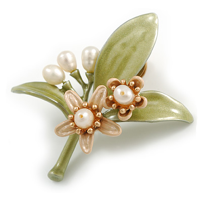 Charming Pearl Flower Floral Enamel Brooch in Gold Tone - 43mm Tall
