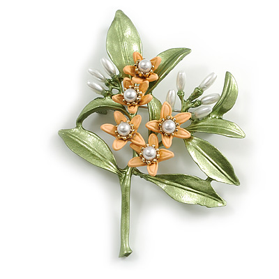 Stunning Enamel Faux Pearl Floral Brooch/ Pendant in Green/ Yellow/ White - 70mm Tall - main view