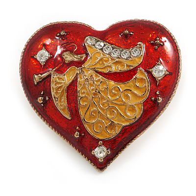 Romantic Red/ Yellow Enamel Crystals Heart with Angel Brooch in Gold Tone Metal - 45mm Wide
