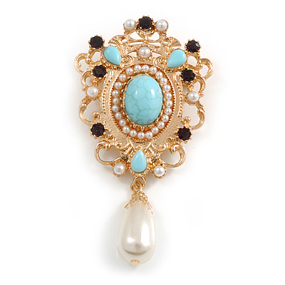 Vintage Inspired Acrylic, Crystal, Faux Pearl Beaded Charm Royal Style Brooch In Gold Tone - 80mm Long - main view