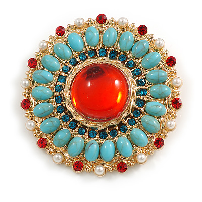 Vintage Inspired Multicoloured Glass/ Pearl/ Turquoise Beads Round Brooch/ Pendant in Gold Tone - 45mm Diameter - main view