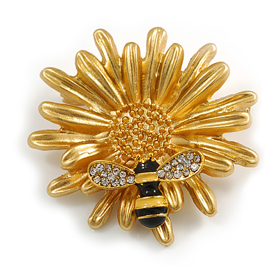 Crystal Bee and Flower Brooch In Gold Tone - 40mm Diameter - main view