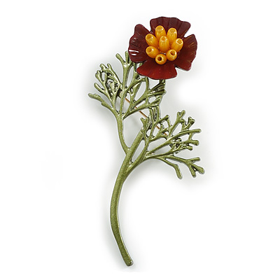 Charming Poppy Flower Floral Brooch in Green/ Red/ Yellow - 70mm Tall - main view