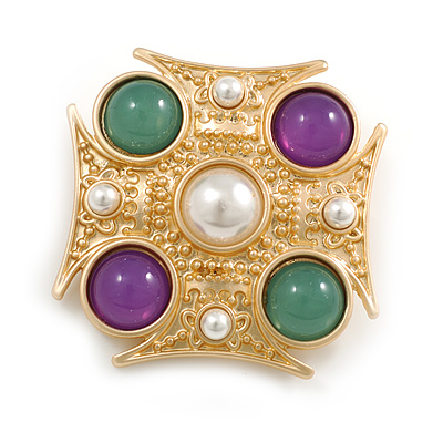 Square Beaded Textured Brooch In Light Gold Tone Metal/ Green/ Purple/ White - 40mm Across - main view