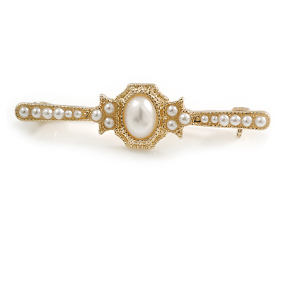 Vintage Inspired Faux Pearl Bead Medal Style Brooch in Light Gold Tone - 45mm Across - main view