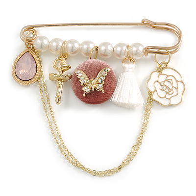 Vintage Inspired Gold Plated Safety Pin Brooch With Pearl Beads, Chains and Charms - 75mm Across