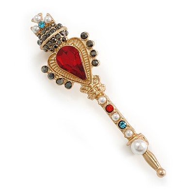 Multicoloured Crystal Pearl Royal Scepter Brooch in Matte Gold Tone Finish - 65mm Long - main view
