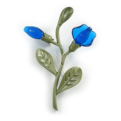 Charming Cornflower Floral Brooch in Green/ Blue - 60mm Tall - main view