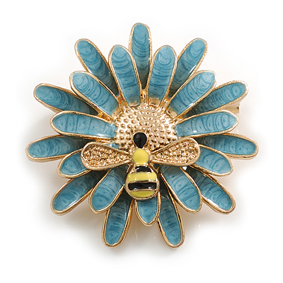 Pretty Light Blue Enamel Flower with Bee Brooch In Gold Tone Metal - 35mm Diameter - main view