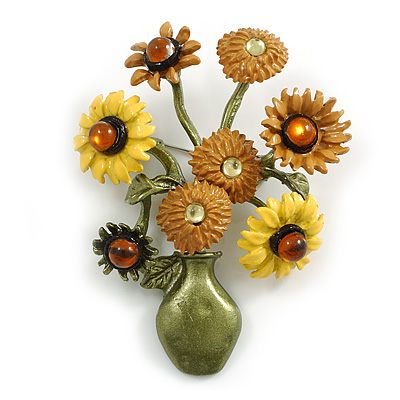 Yellow/ Brown Enamel Sunflower Bunch of Flowers Brooch - 60mm Tall - main view