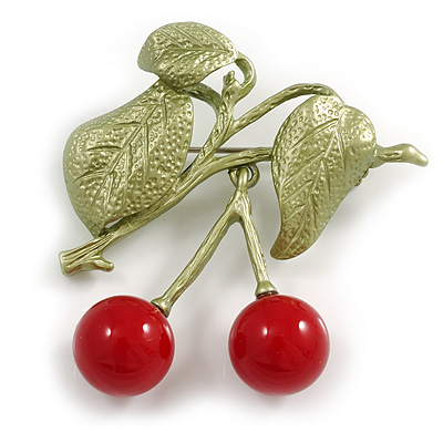 Fancy Red Cherry Green Enamel Leaf Brooch in Silver Tone Metal - 45mm Across