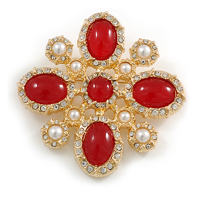 Vintage Inspired Red Glass Clear Crystal Faux Pearl Cross Brooch in Gold Tone - 55mm Across - main view