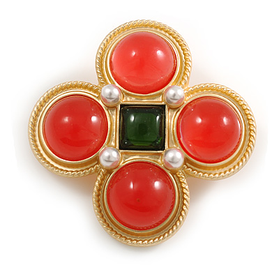 Vintage Inspired Red/ Dark Green Glass Stones and Pearl Square Brooch in Gold Tone Metal - 45mm Across - main view