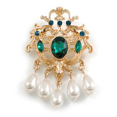 Vintage Inspired Green Crystal with White Faux Teardrop Bead Royal Style Brooch In Gold Tone - 65mm Long - main view