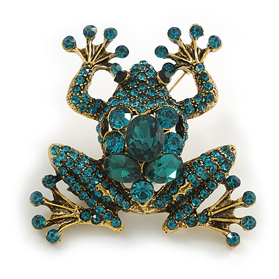 Green Crystal Frog Brooch in Aged Gold Tone Metal - 45mm Long - main view