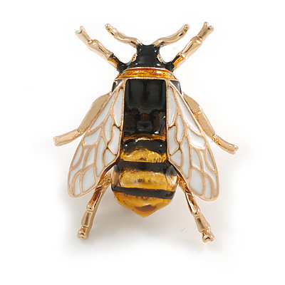 Small White/ Gold Yellow/ Black Enamel Bee Brooch in Gold Tone Metal - 35mm Tall