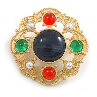 Vintage Inspired Multicoloured Glass Beads and White Faux Pearl Round Brooch in Gold Tone - 40mm Across - main view