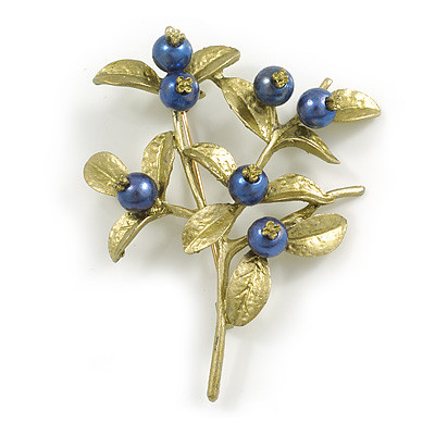 Charming Blueberry Floral Brooch in Olive Green/ Blue - 55mm Tall - main view