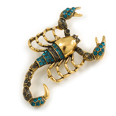 Statement Teal/ Grey Crystal Scorpion Brooch/ Pendant in Aged Gold Tone Metal - 50mm Long - main view