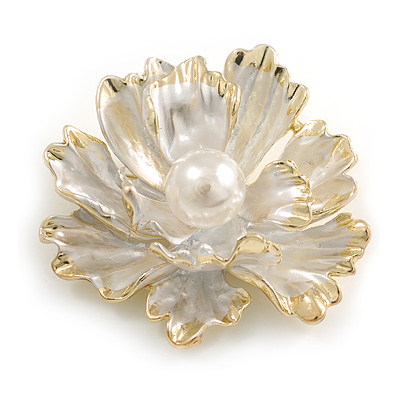 Large Dimentional White Pearl Flower Brooch/ Pendant in Gold Tone Metal - 50mm Across - main view