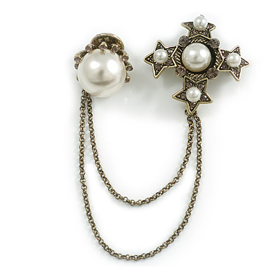 Vintage Inspired Pearl Bead and Cross Chain Brooch In Bronze Tone Metal - main view