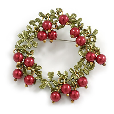 Exquisite Red Berry Floral Green Enamel Wreath Brooch - 50mm Across