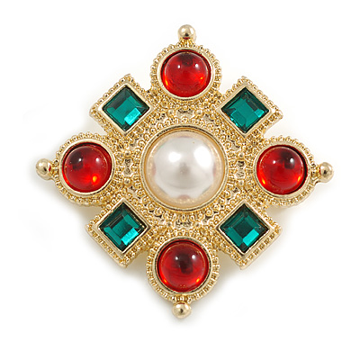 Vintage Inspired Red/ Green Crystal and White Faux Pearl Square Brooch in Gold Tone - 35mm Across - main view
